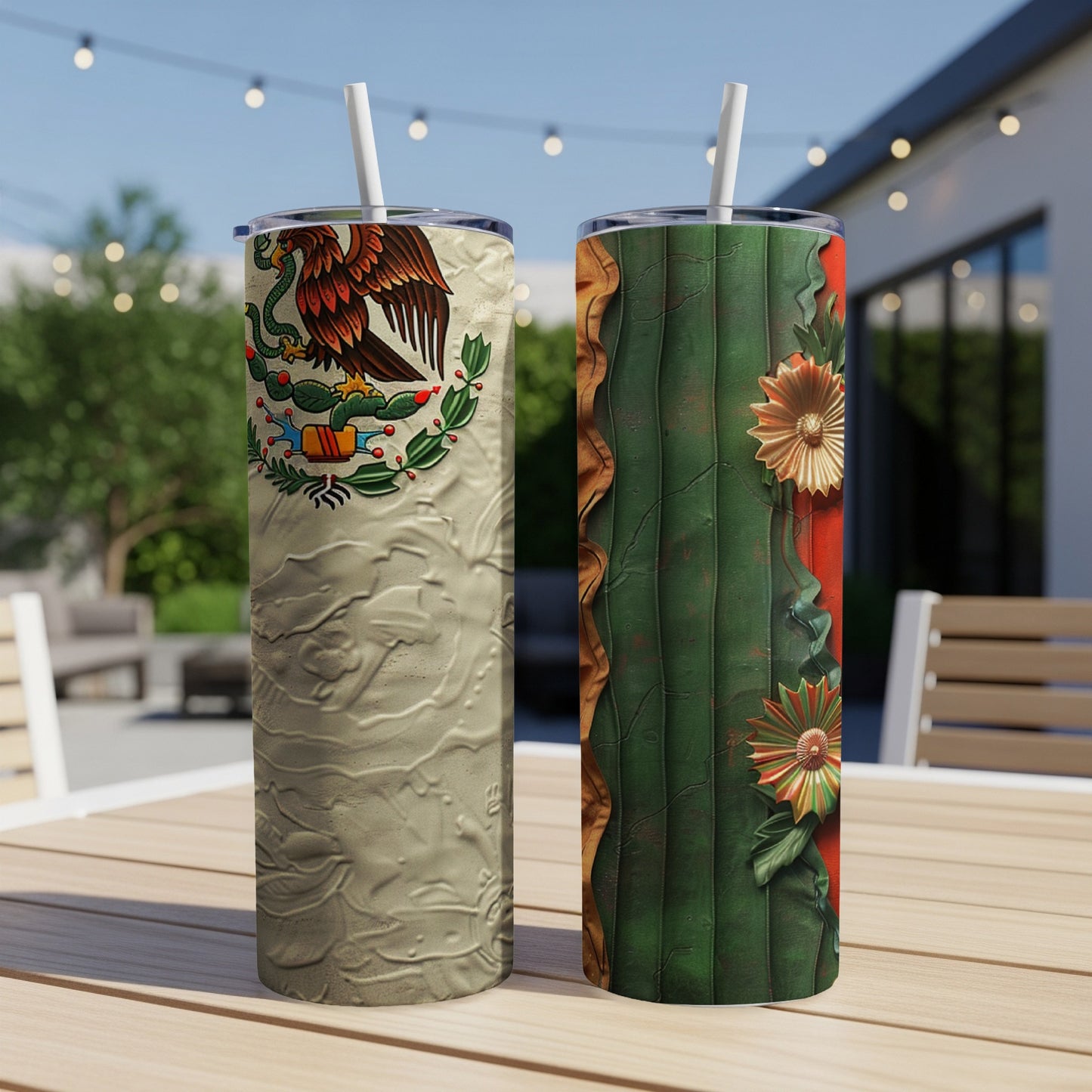 Two decorative tumblers on a table, one with a Mexican flag design.