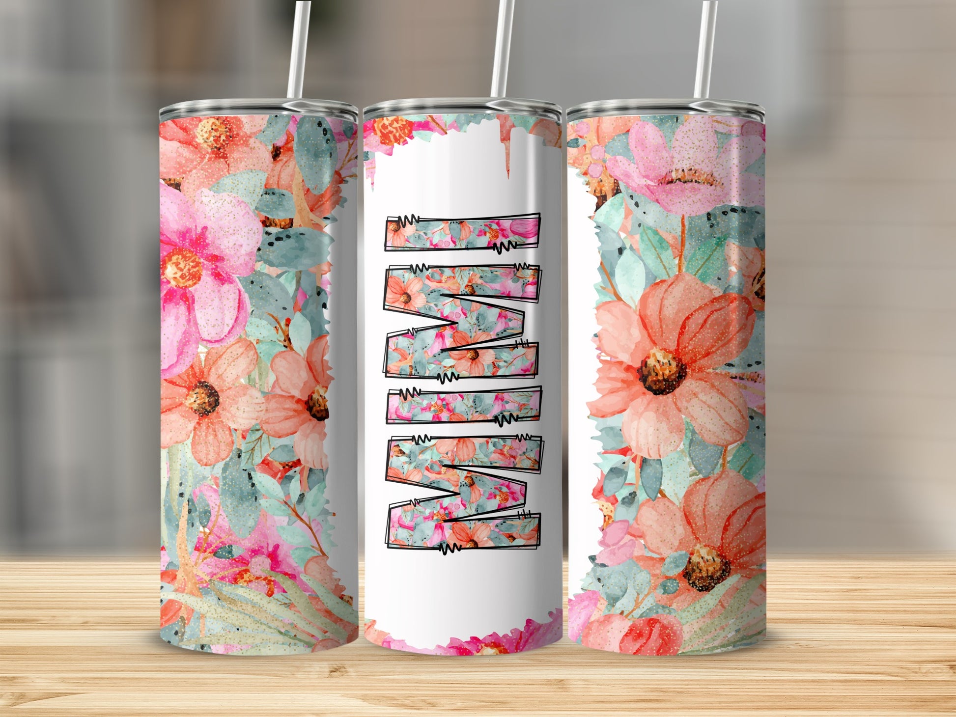 MIMI Watercolor Floral Sparkle Pink Orange Flower Tumbler product type