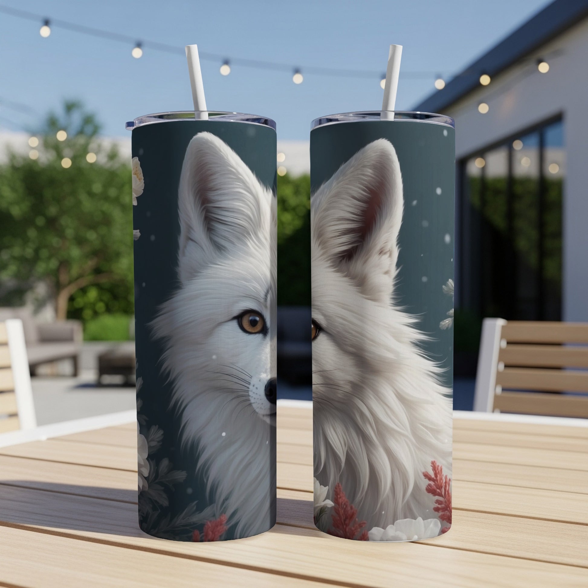 White fox illustration on a dark blue, skinny tumbler with floral accents.