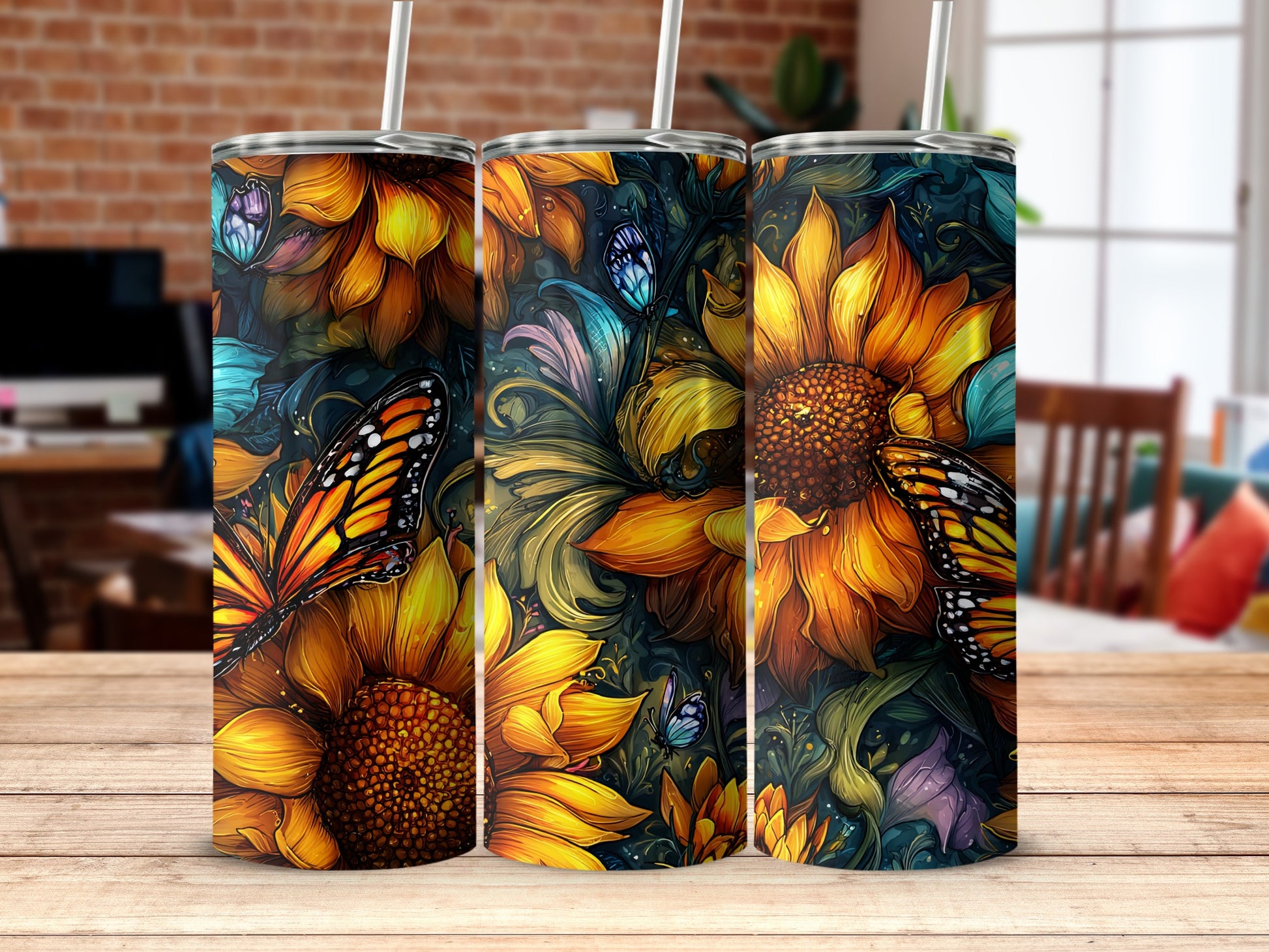 Vibrant Sunflower and Butterfly Insulated Tumbler