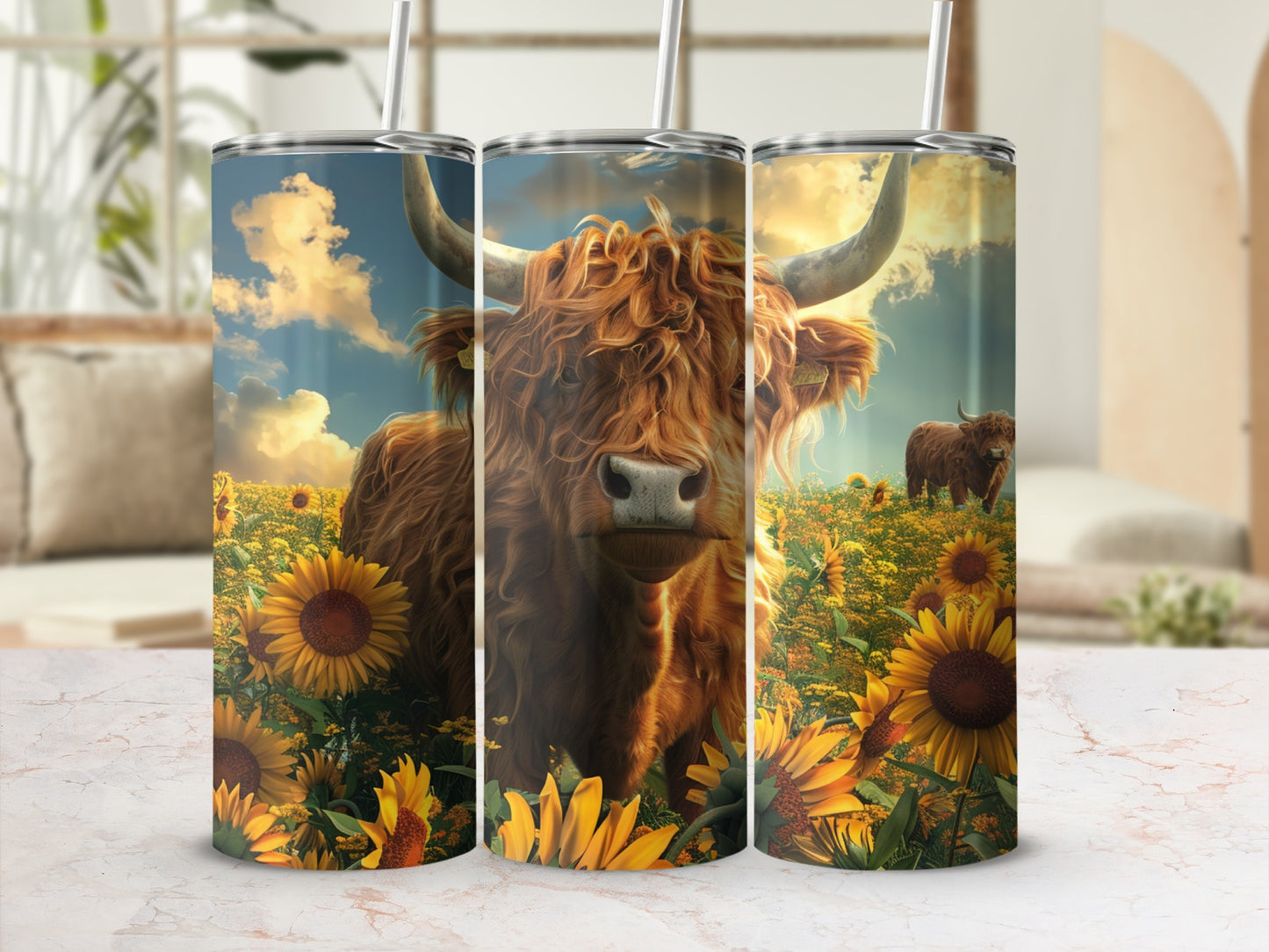 Highland cow in sunflower field on a tumbler.