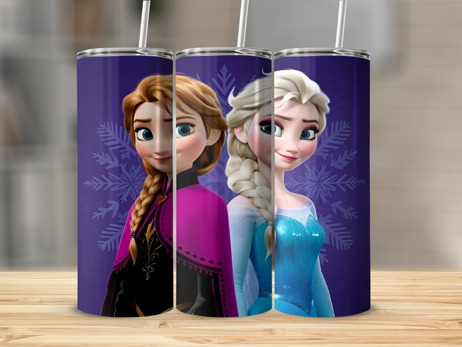 Anna and Elsa from Frozen on purple tumblers with snowflakes.