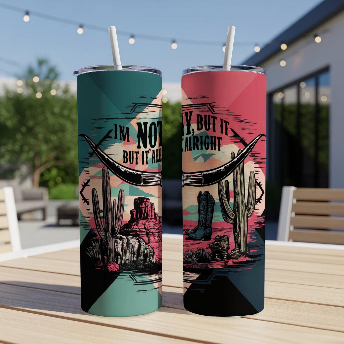 Two tumblers with a desert scene, bull horns, and text that reads "I'm NOT Y, BUT IT ALL RIGHT".