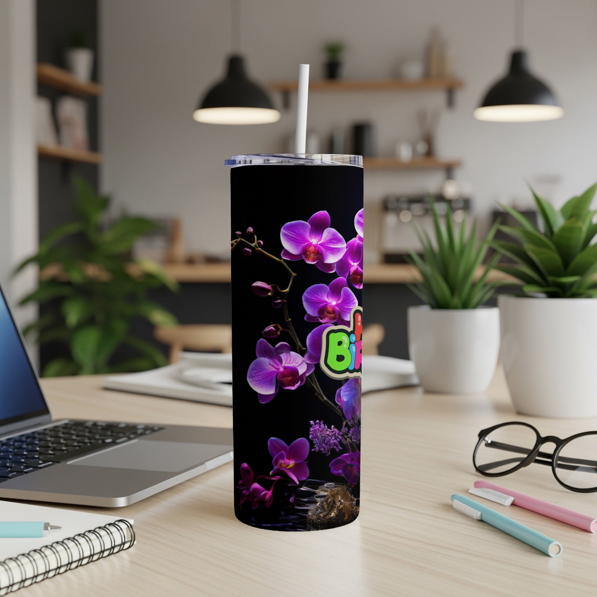 Purple orchids on black tumbler with "BFF" text.