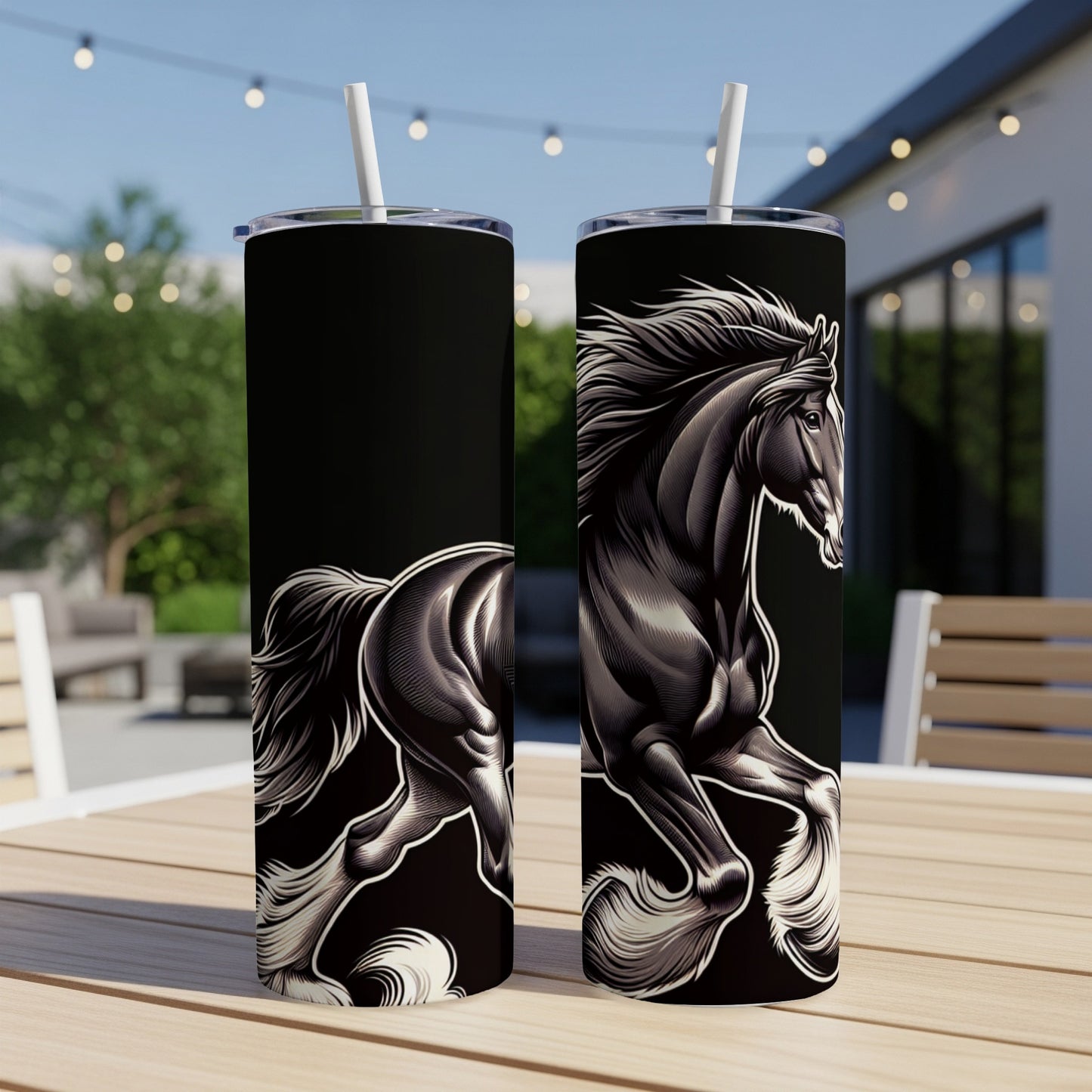 Black horse illustration on a black skinny tumbler with straw.
