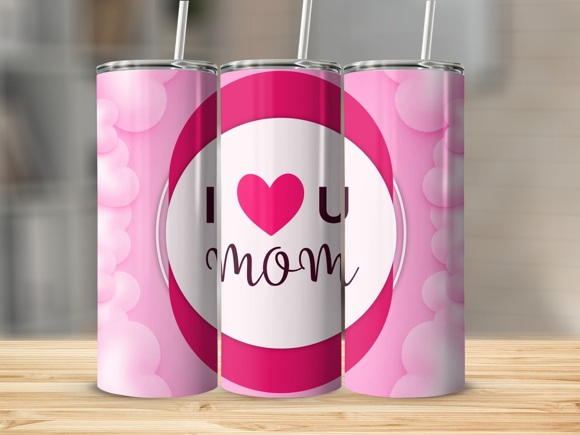 I Love Mom Pink Themed Drink Tumblers for Mother's Day