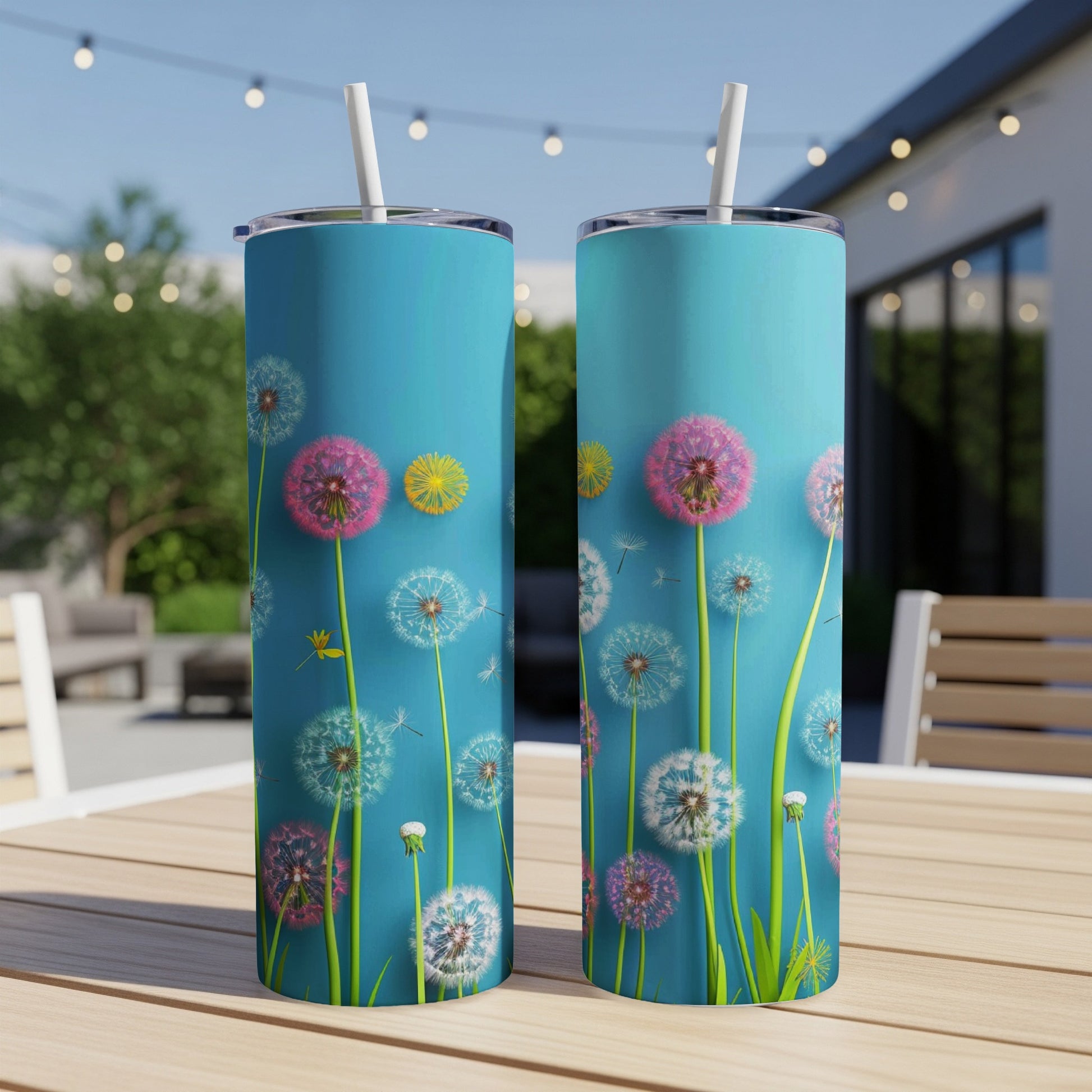Two blue tumblers with dandelion designs on a wooden table.