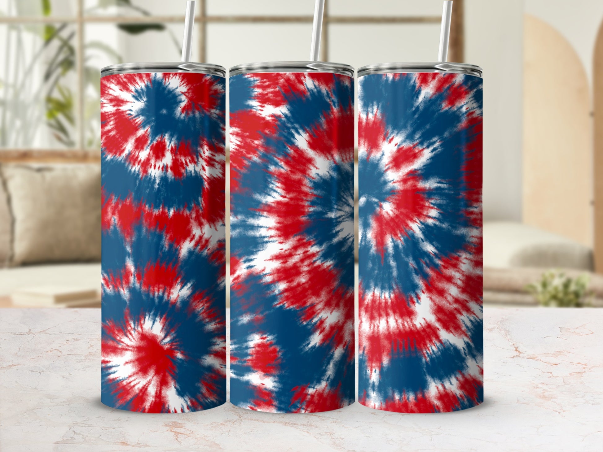 Three tumblers with red, white, and blue tie-dye pattern.