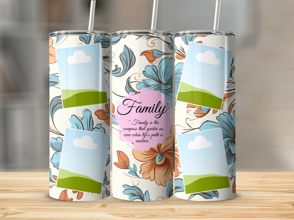 Tumblers with floral pattern and "Family" quote with photo frames.