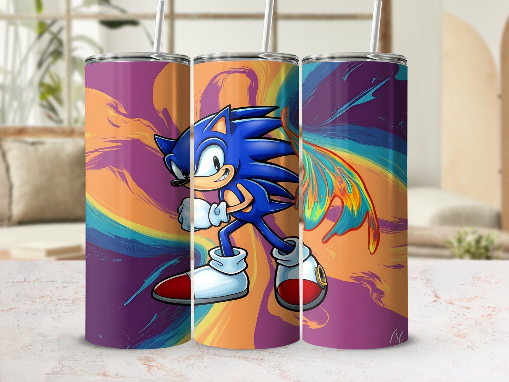 Sonic the Hedgehog on colorful abstract background tumbler.