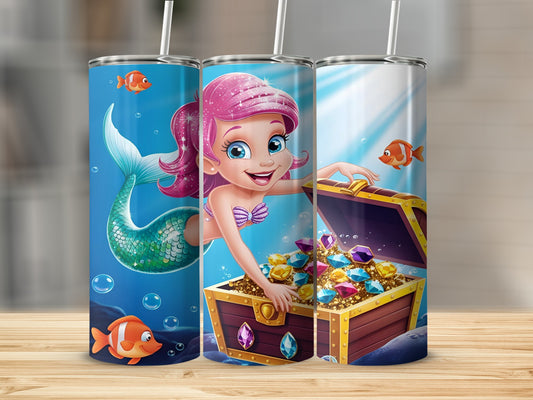 Three tumblers featuring a mermaid and treasure chest with colorful gems.