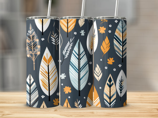 Three tumblers with a dark gray background and a white feather pattern.