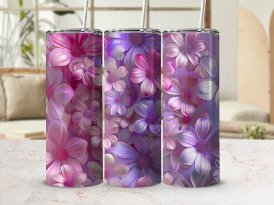 Three tumblers with a floral pattern of pink and purple flowers.