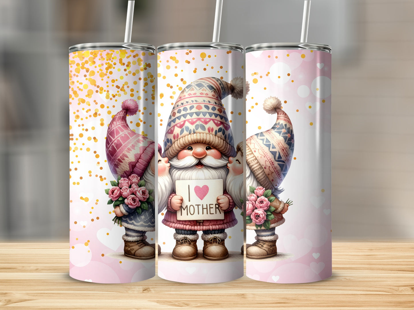 Cute Gnomes I Love Mother Pink Floral Tumbler