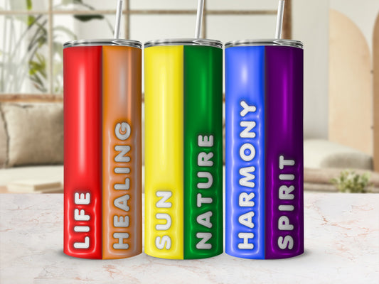 Three tumblers with "LIFE," "HEALING," "SUN," "NATURE," "HARMONY," and "SPIRIT" text.