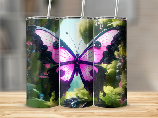 Three tumblers featuring a pink and black butterfly design on a blurred nature background.