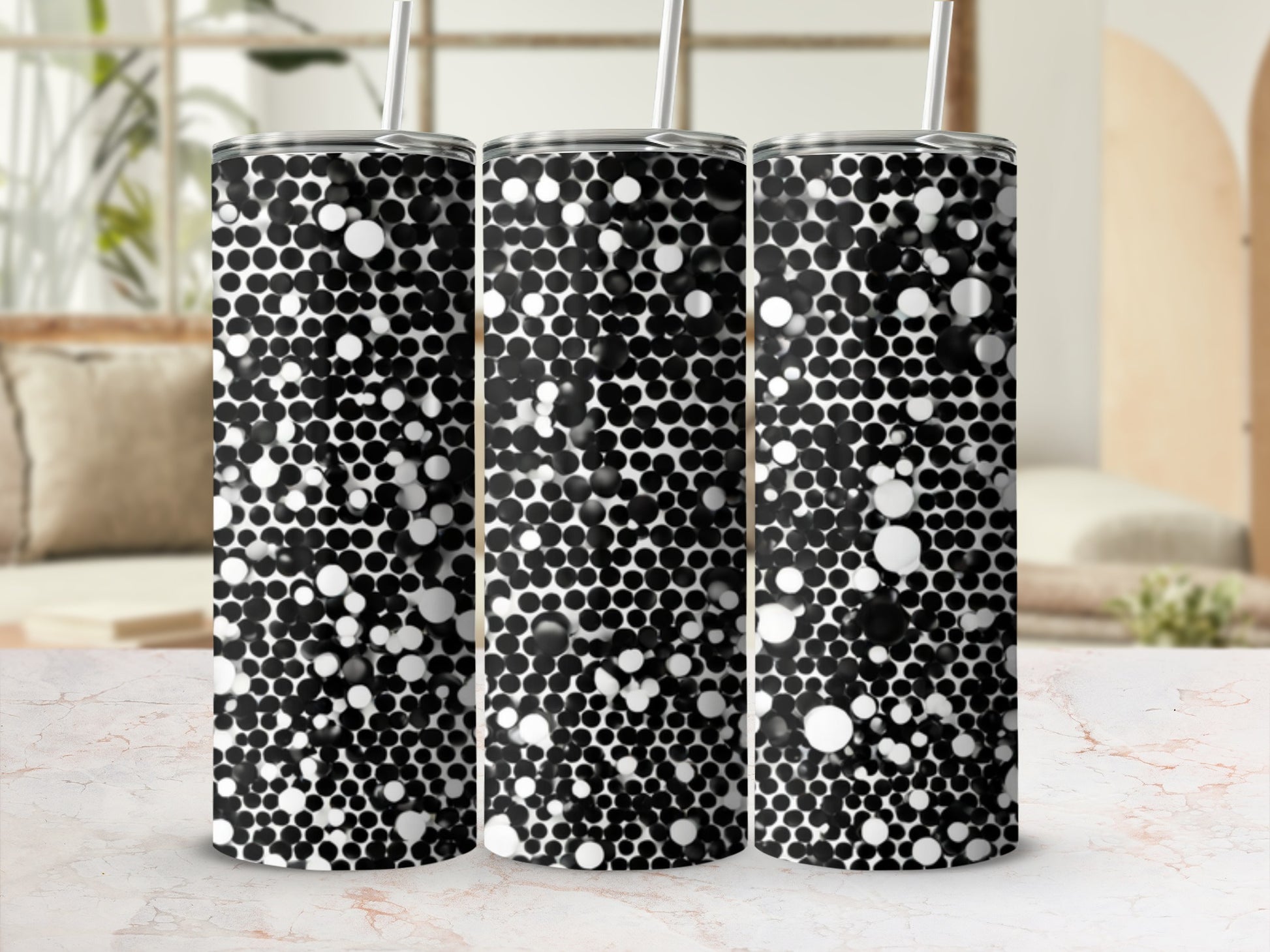 Three tumblers with a black and white bubble pattern.
