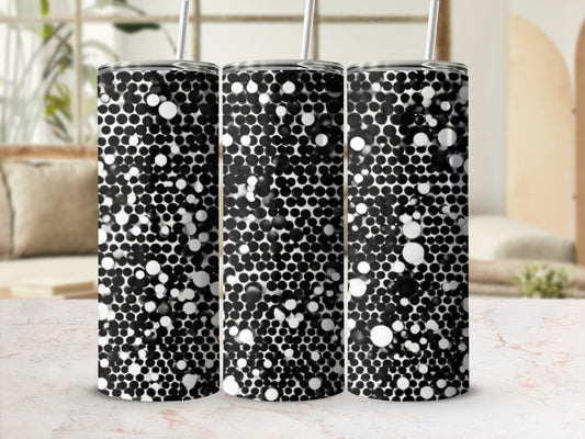 Three tumblers with a black and white bubble pattern.