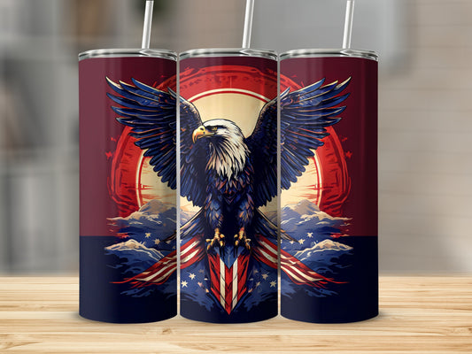 Eagle with American flag wings and stars background on a tumbler.