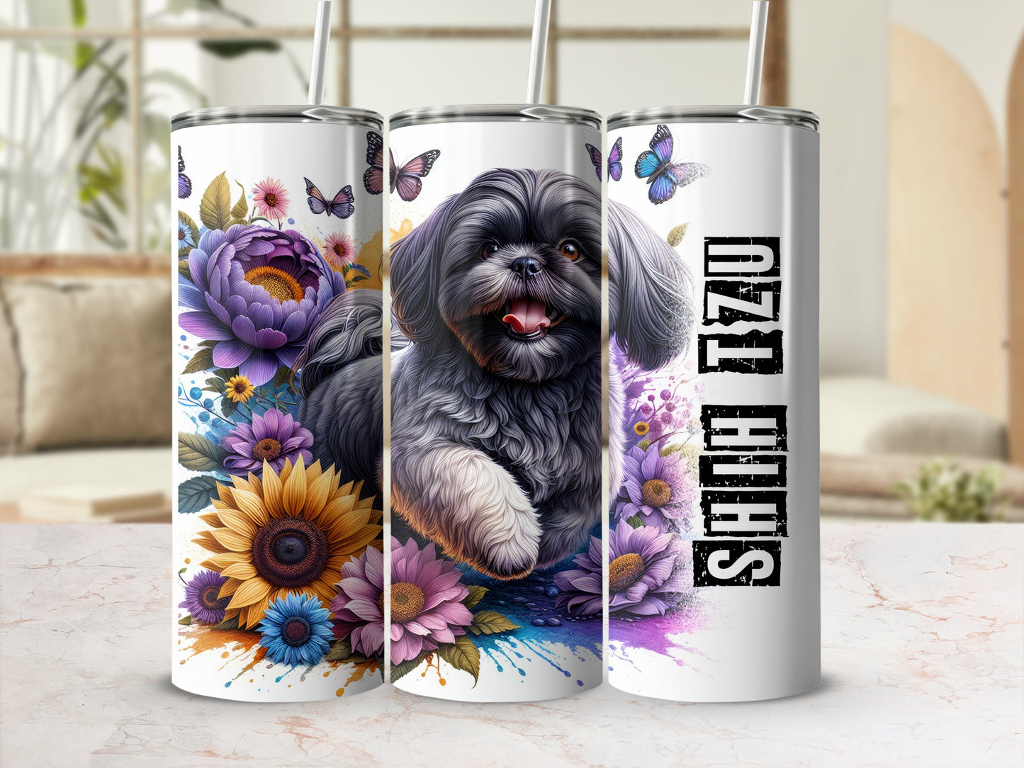 Shih Tzu dog and flowers on a white tumbler with a blurred background.