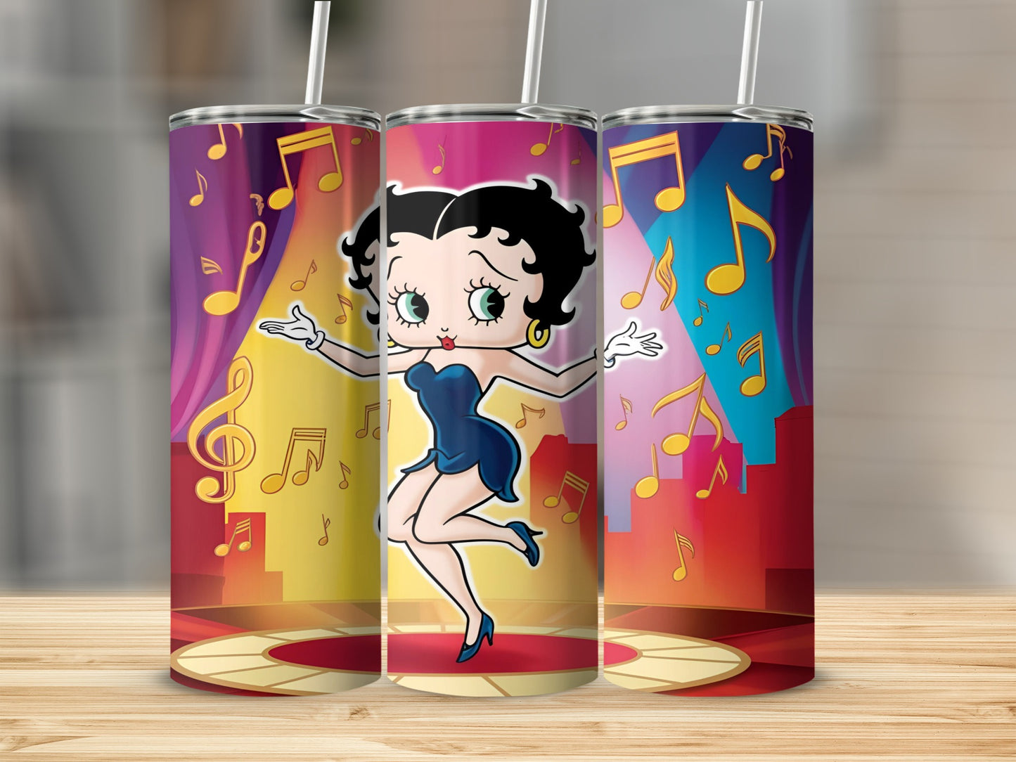 Betty Boop dancing on a stage with musical notes.