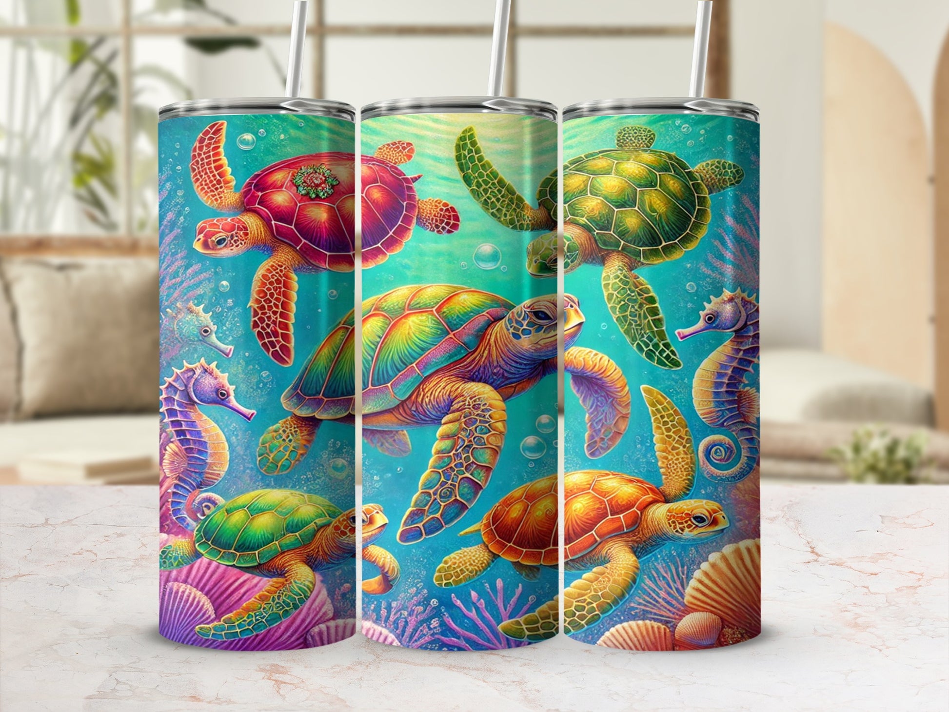 Colorful Underwater Turtles and Seahorses Tumbler