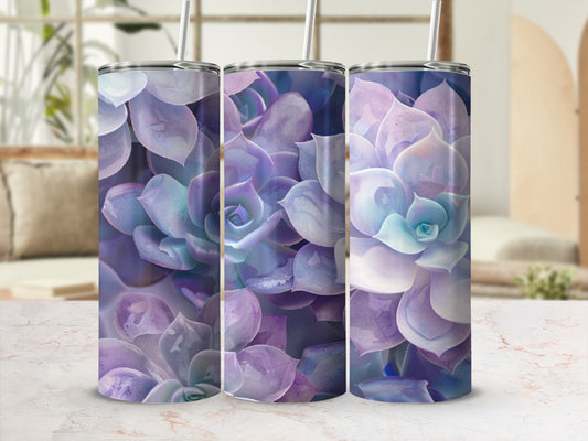 Three tumblers featuring a close-up of purple and blue succulent petals.