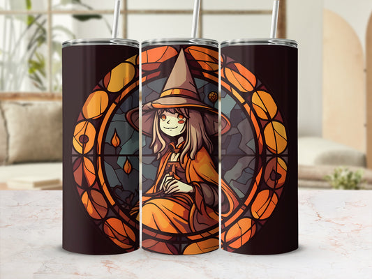 Three tumblers featuring a witch in a stained-glass style circle.
