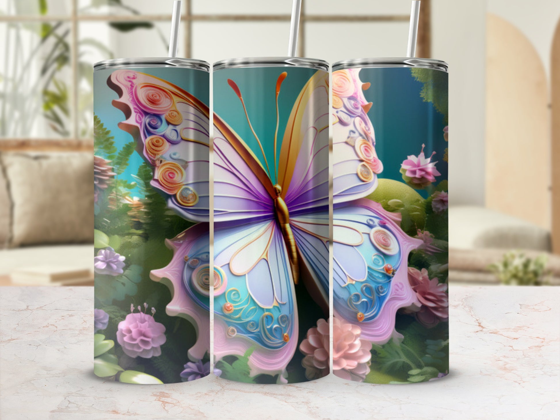 Butterfly design on a tumbler with floral and nature background.
