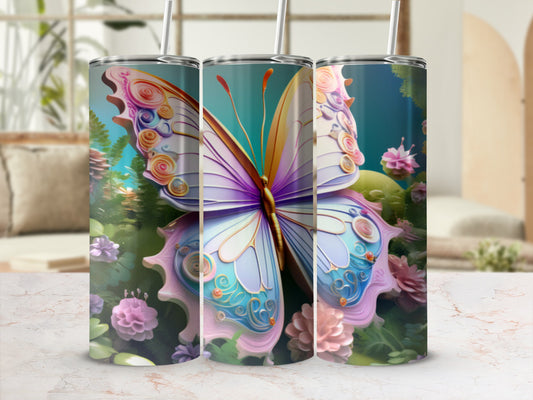 Butterfly design on a tumbler with floral and nature background.