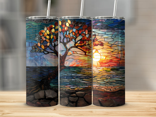 Three tumblers featuring stained glass art of a tree by the water at sunset.