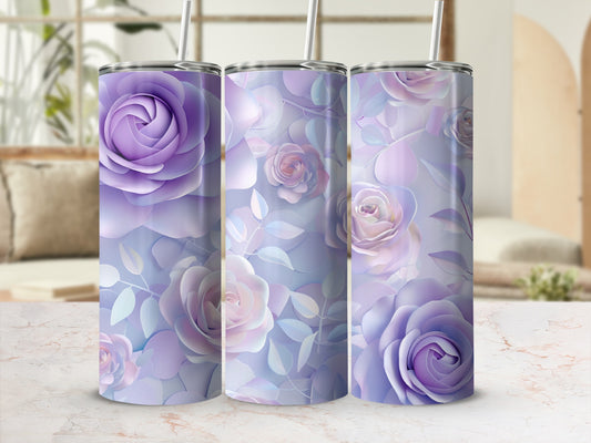 Purple and lavender roses floral pattern on three tumblers with straws.