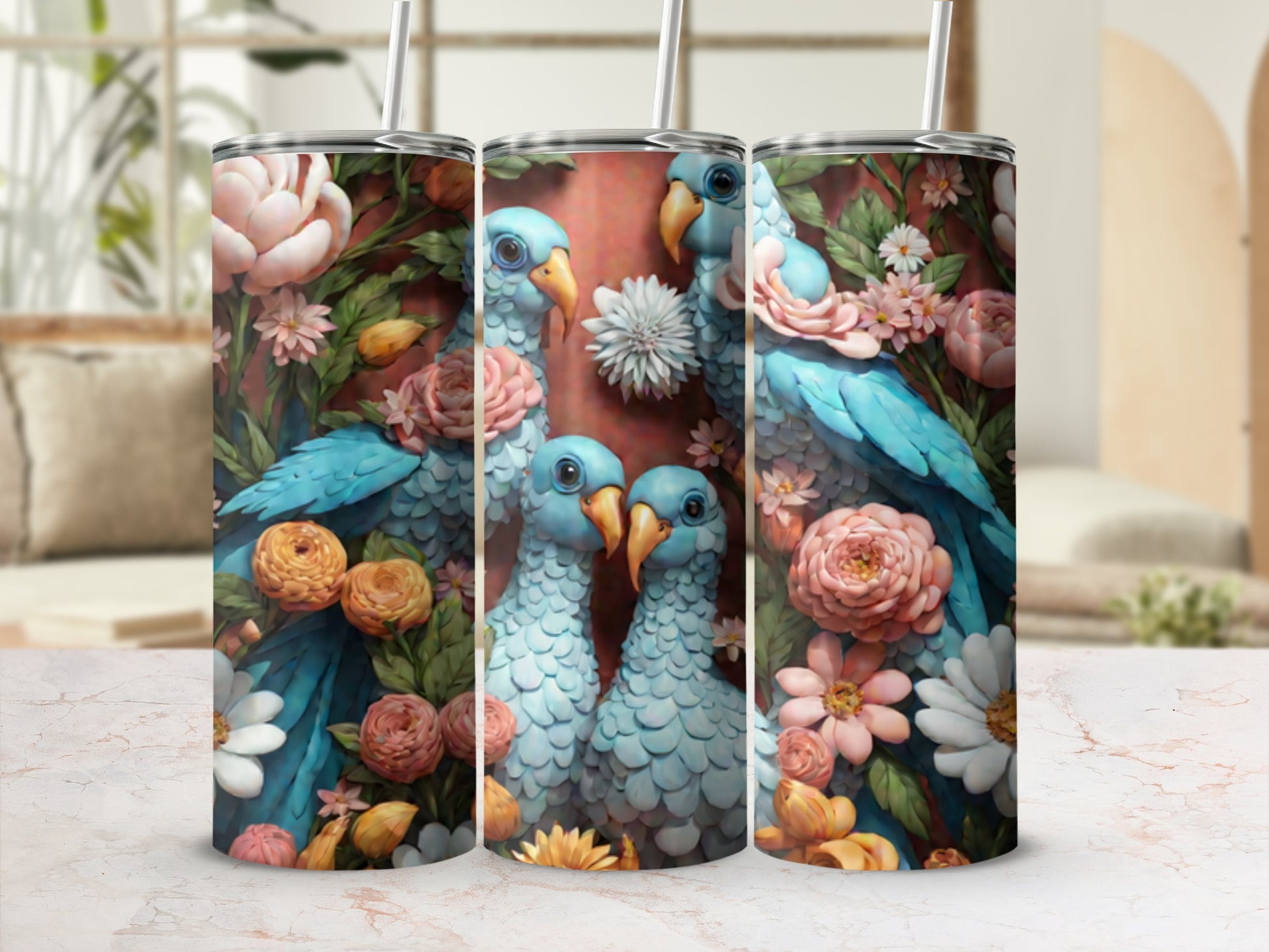 Blue parrots and floral pattern on a stainless steel tumbler.