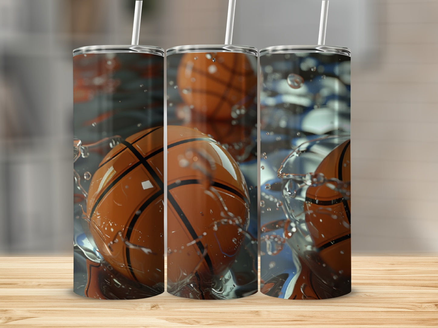 Three basketballs splash into water, with one in foreground.