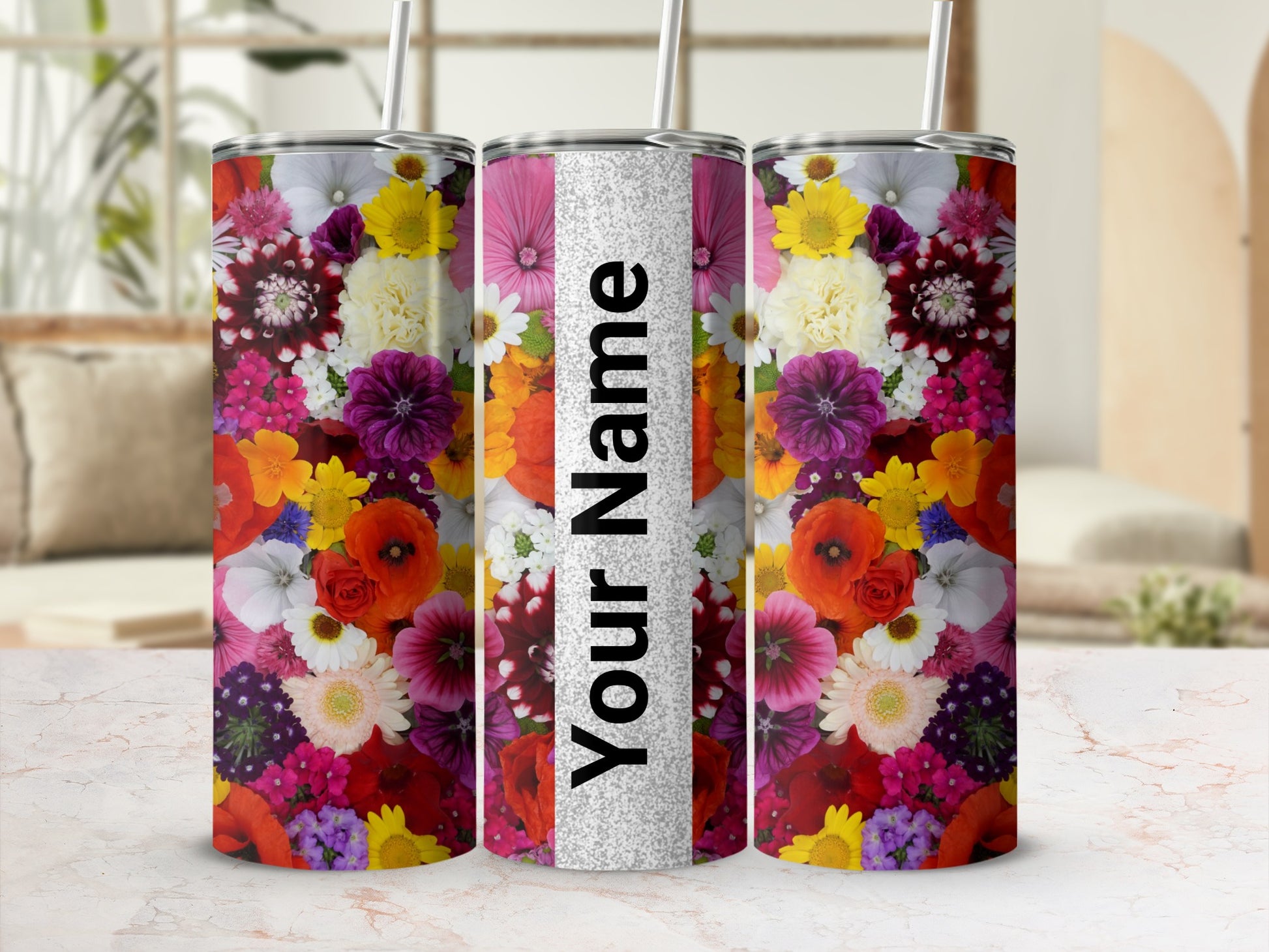 Colorful floral and glitter customizable tumbler