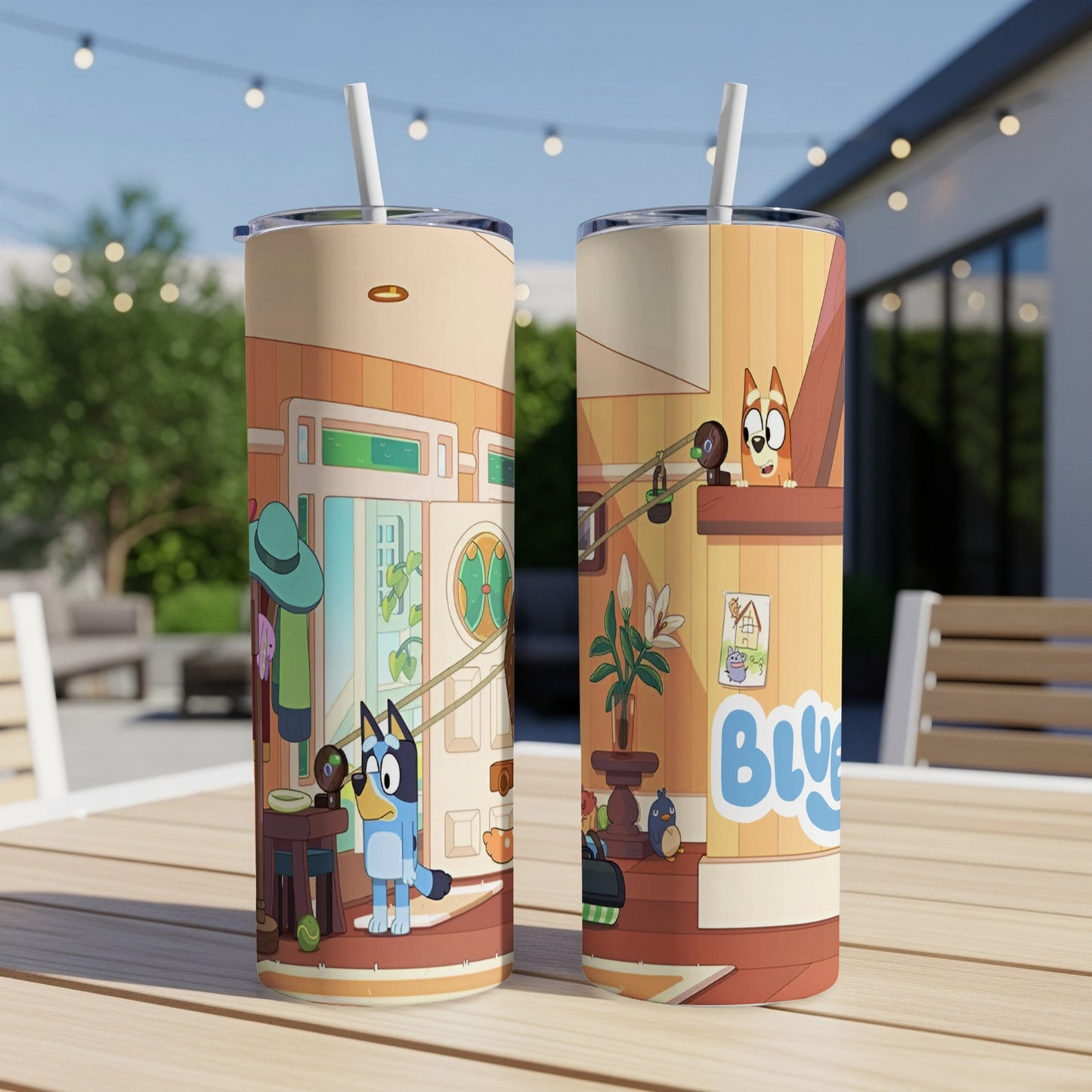 Bluey characters on two tall, insulated tumblers with lids and straws.
