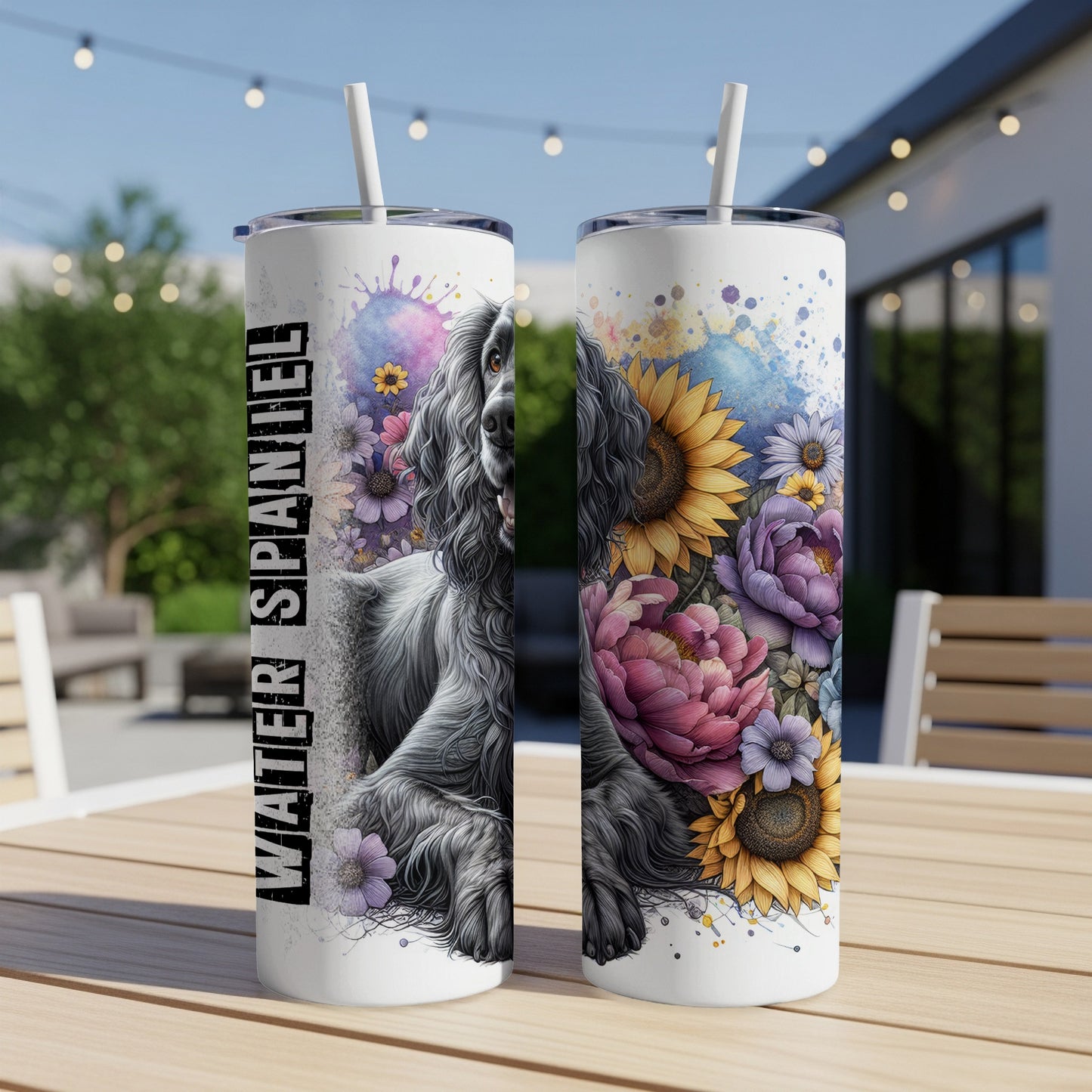 Black and white dog with colorful flowers on a white tumbler.