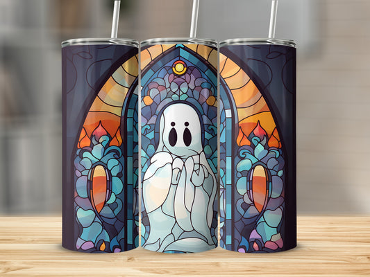 Ghost in stained glass design on three tumblers.