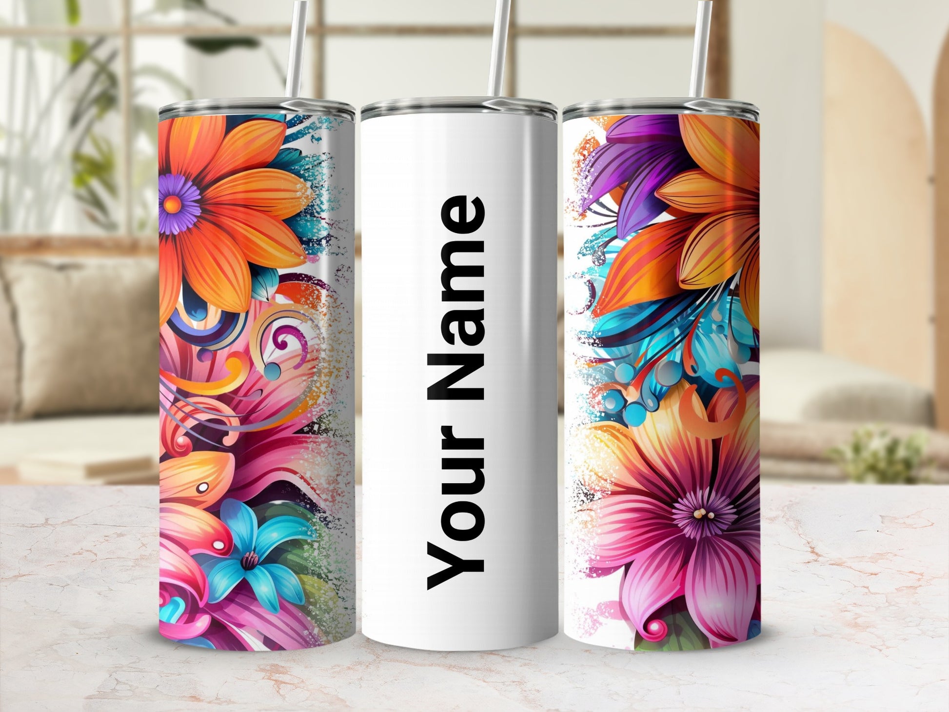 Personalized Colorful Floral Design Tumbler with Straw