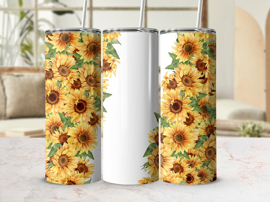 White tumbler with sunflowers wrapping around it.
