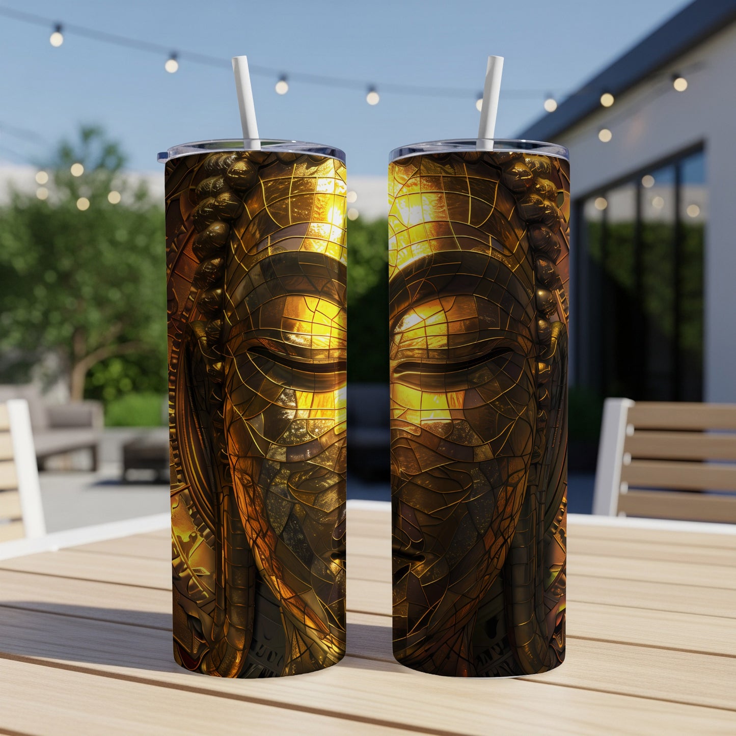 Two tall, golden tumblers featuring a detailed Buddha face design.