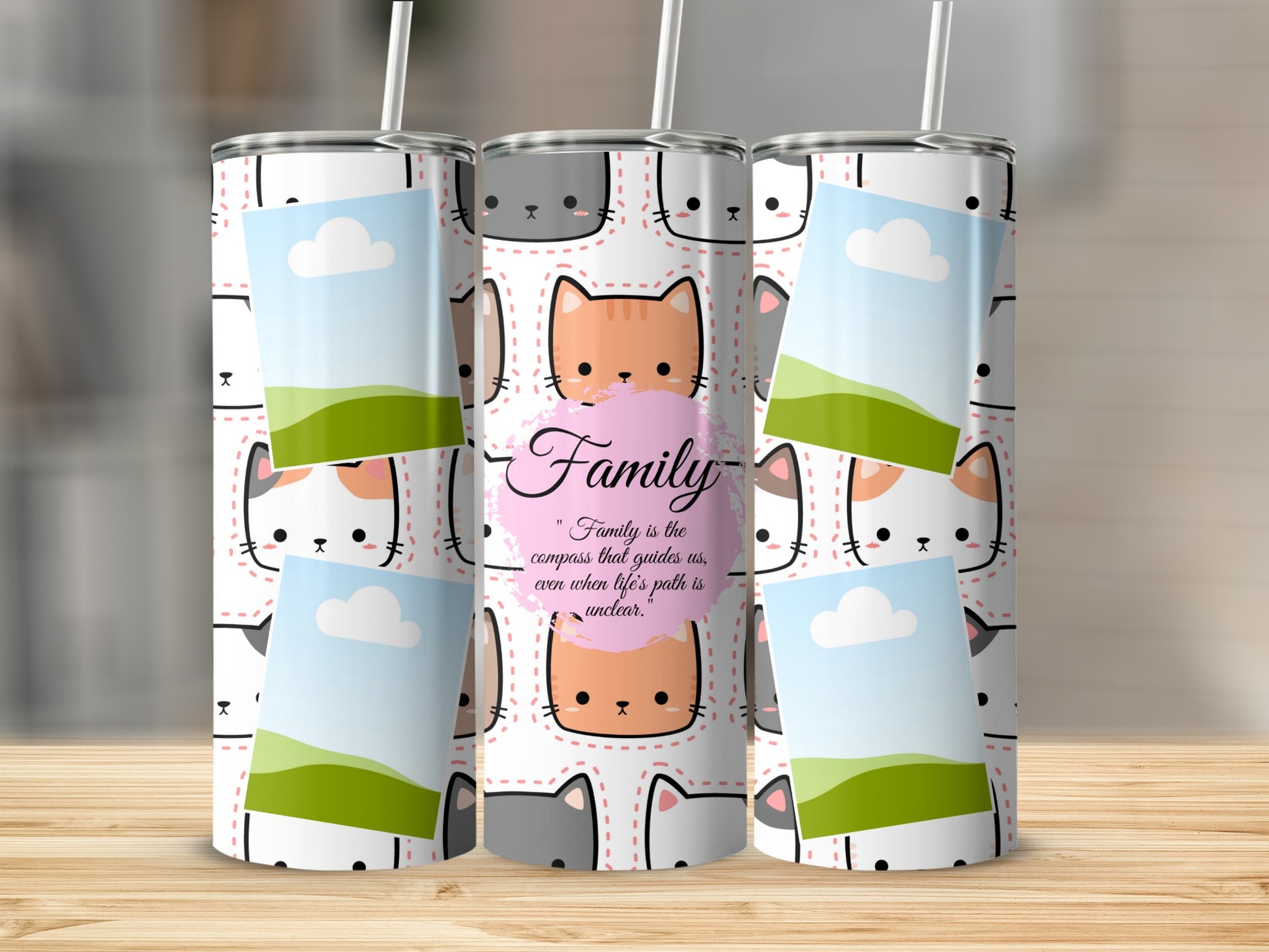 Tumbler with cartoon cat pattern and "Family" quote with placeholder photo spots.