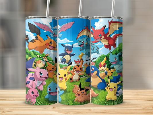 Pokemon characters playing in a grassy field under a blue sky.