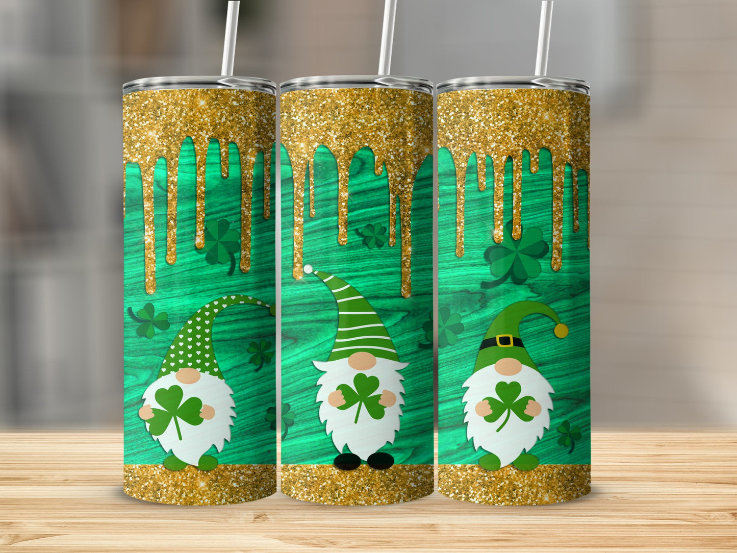 Three St. Patrick's Day gnomes with shamrocks on a green wood background.