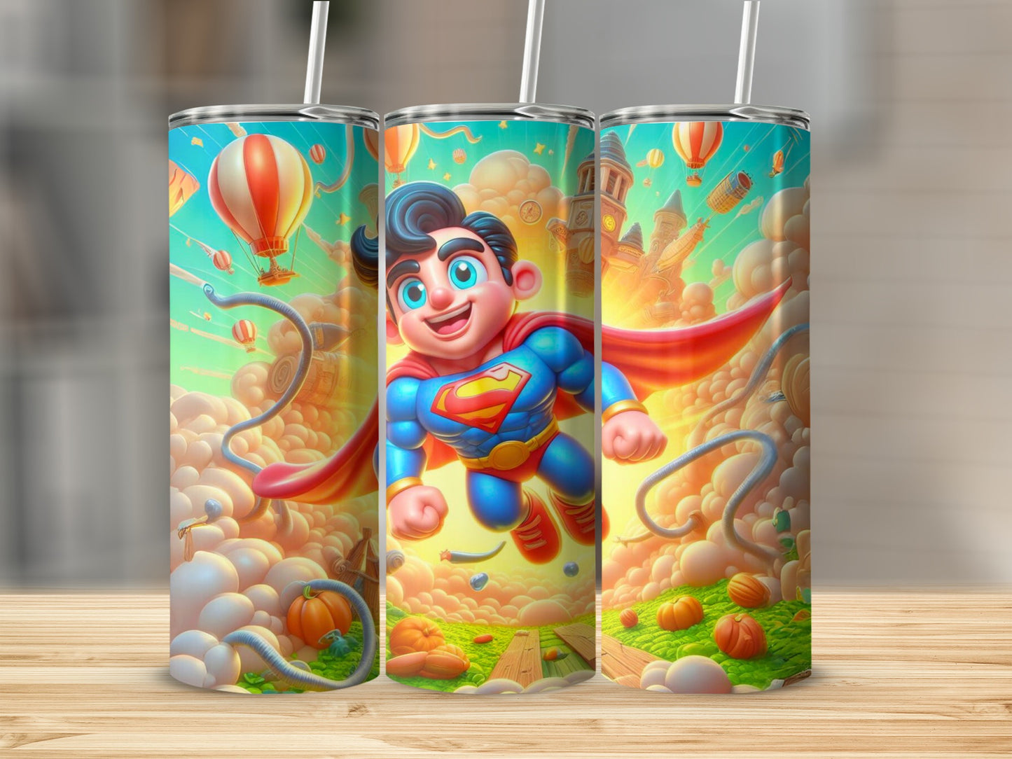 Vibrant Cartoon Superhero Tumbler With Straw Flask