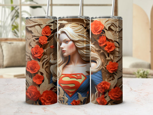 Vibrant Female Superhero and Roses Design Tumbler