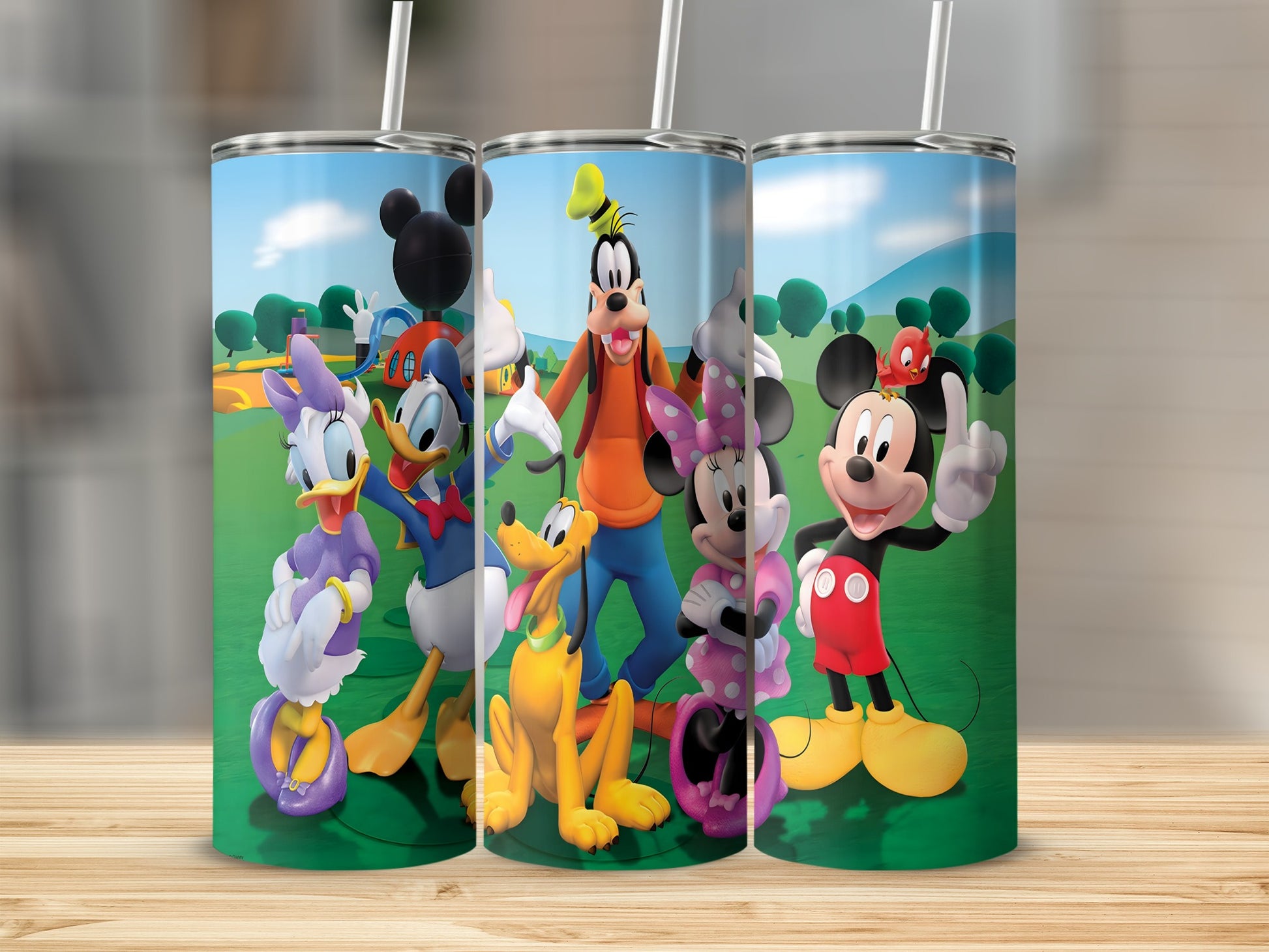 Mickey Mouse, Minnie Mouse, Donald Duck, Daisy Duck, and Goofy characters on tumblers.
