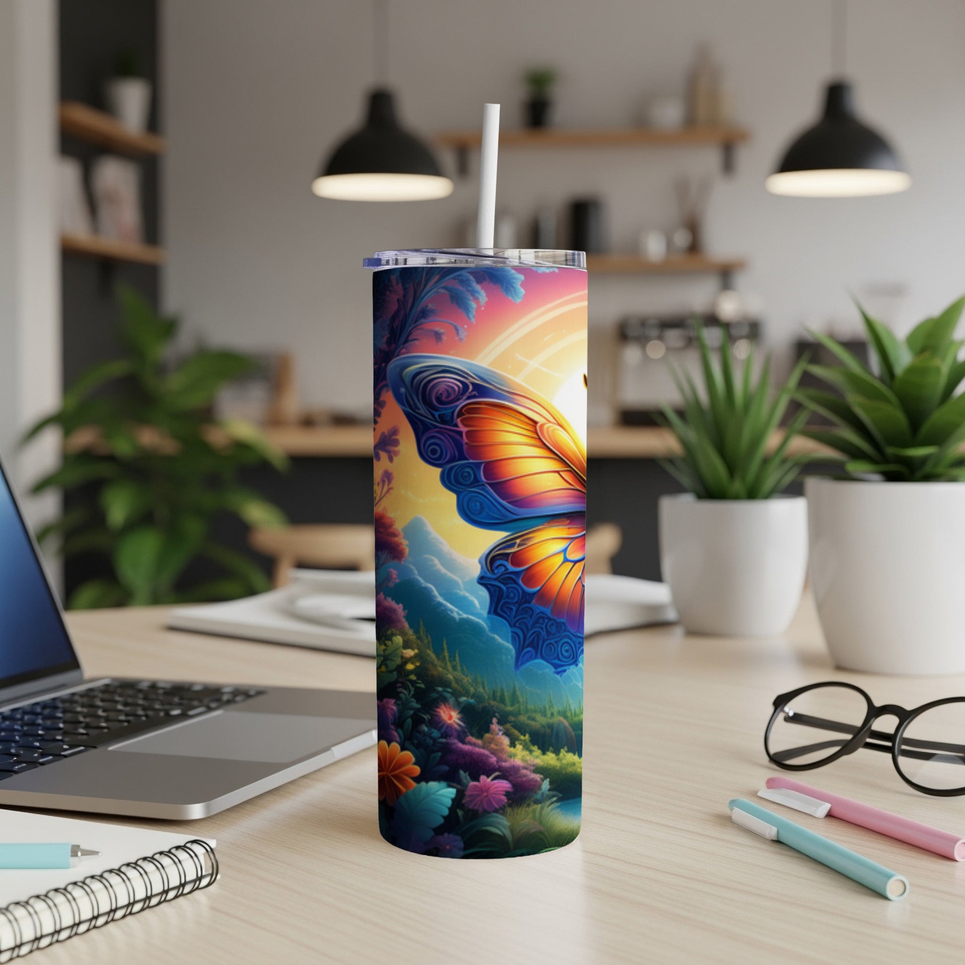Tumbler with colorful butterfly wings design and nature scene.