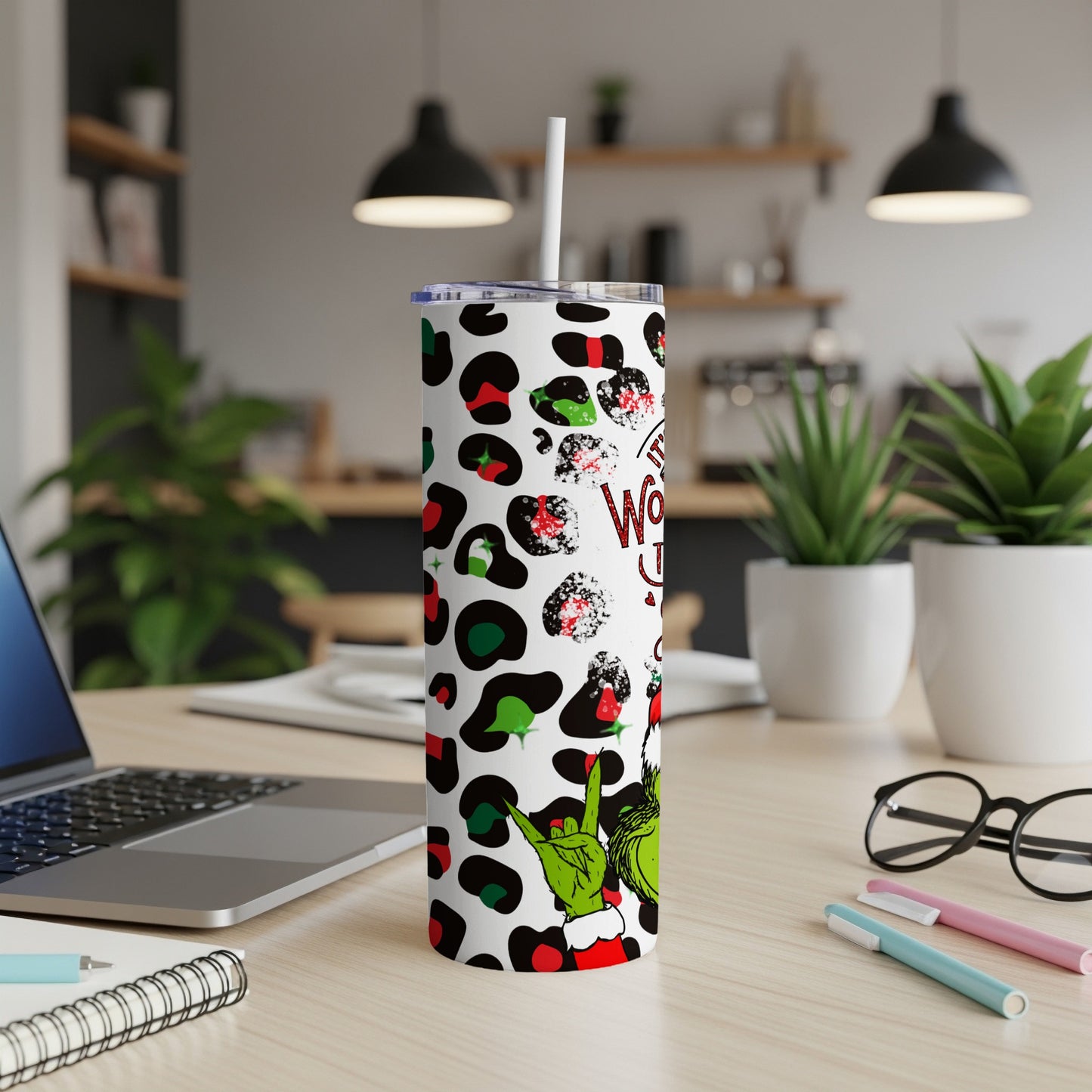 White tumbler with a Grinch-themed Christmas design and "Who Needs Christmas?" text.
