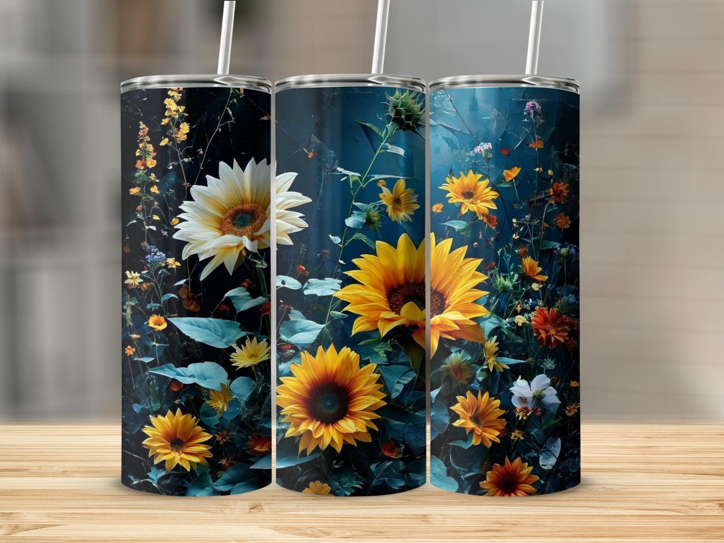 Three tumblers with sunflowers and wildflowers on a wooden surface.